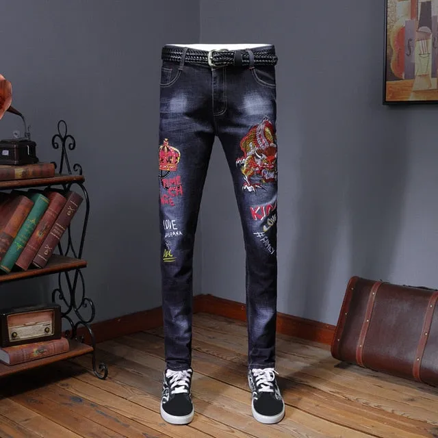 Embroidery Blue Slim Skinny Pencil Jeans