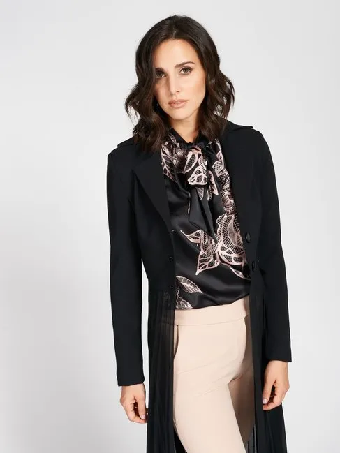 Plissé Coat Midi Crepe Long Coat in Black - Rinascimento By Feathers Of Italy