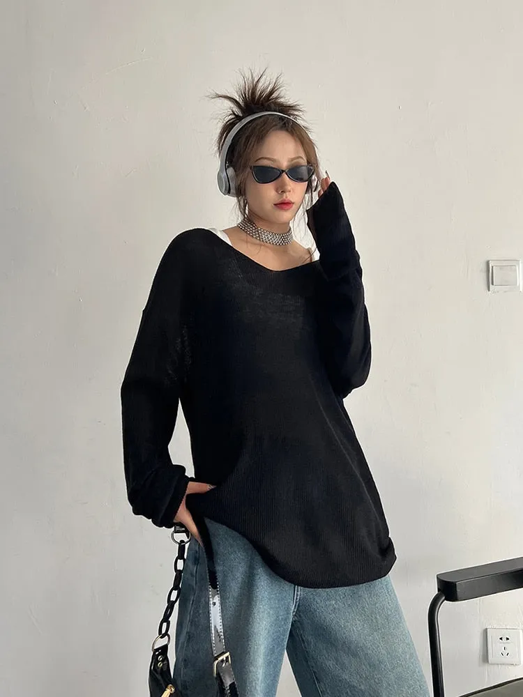Solid Knitted T Shirts For Women V Neck Long Sleeve Loose Casual Minimalist Pullover T Shirt Female Fashion Clothes